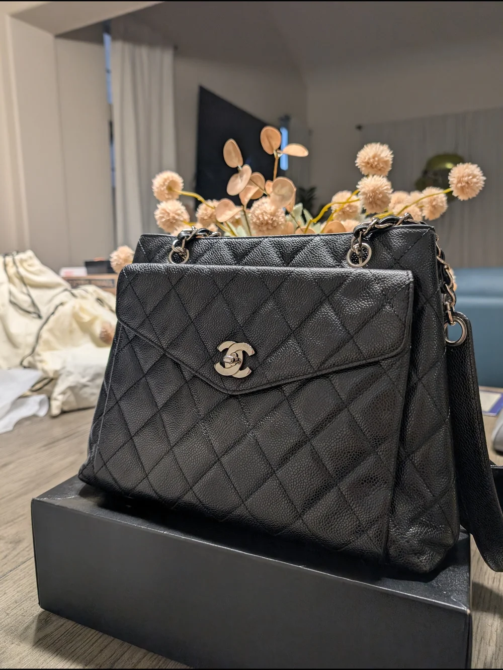 CHANEL Black Quilted Caviar Leather Tote with CC Turn-Lock
